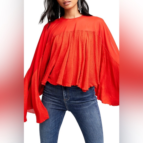 Free People On The Weekend Flowy Bell Sleeve Blouse Persimmon Red Sm NEW NWT - Picture 3 of 12